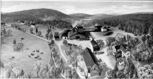 Hopewell Furnace National Historic Site Overview, drawing courtesy of Explore PA History. A bird’s eye view of the Hopewell furnace and the surrounding area. In addition to the furnace, charcoal barn, and ironmaster’s house, one can see the surrounding roads, hillsides with forests, and cow pasture.